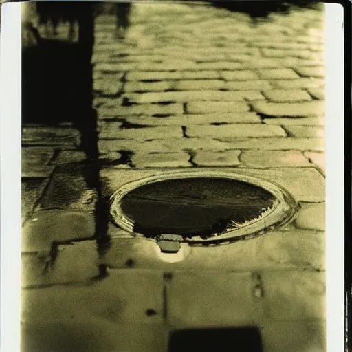 Image similar to wide-shot very low-angle eyesight first-person reflection of a cat's face in the puddle at the street, polaroid photo, by Andy Warhol, signed