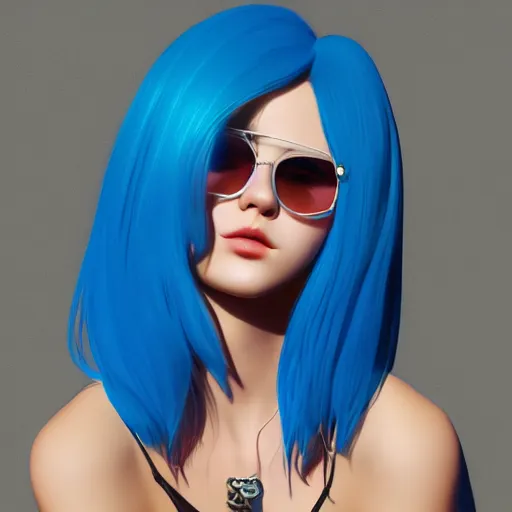 Prompt: realistic portrait photo of a beautiful girl with blue hair and badass sunglasses by shin jeongho, nick silva and ilya kuvshinov, deviantart, 8 k resolution