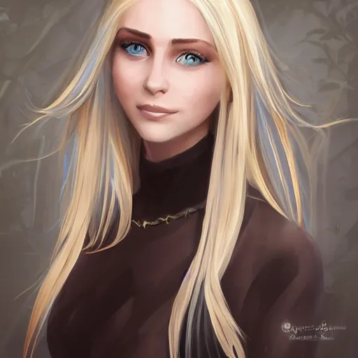 Image similar to portrait, 30 years old women :: fantasy :: blue eyes, long straight blonde hair, beeing happy, smiling :: attractive, symmetric face :: brown medieval cloting, natural materials :: high detail, digital art, RPG, concept art, illustration