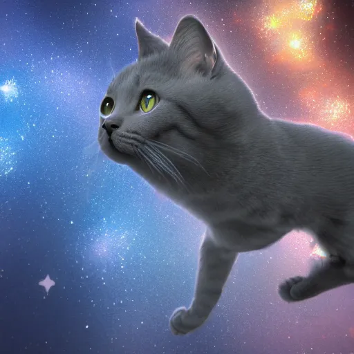 Prompt: a Russian blue cat floating in outer space, photorealistic, octane render, blender cycles engine, 4k ultra hd, HDR, detailed