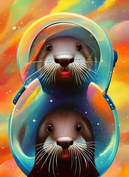 Image similar to a beautiful portrait of a cute otter swimming in outer space galaxy, detailed trending on artstation, ( ( art by rhads ) ), ( ( art by miyazaki ) )