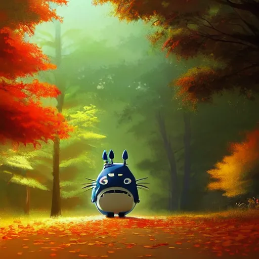 Image similar to goro fujita ilustration an autumn forest with large trees and light coming through the leaves | totoro walking, painting by goro fujita, sharp focus, highly detailed, artstation