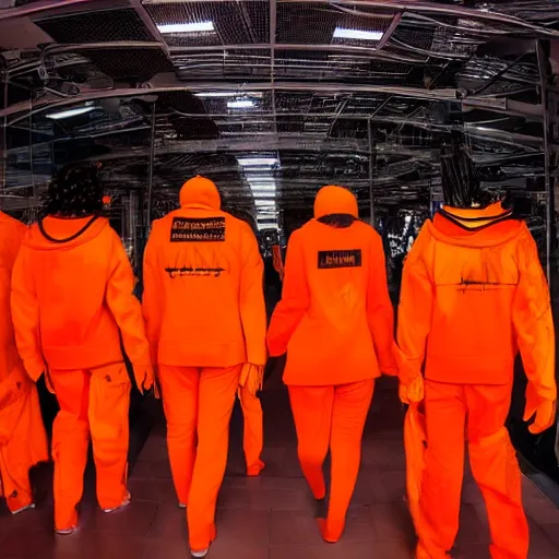 Image similar to love, diverse orange cybersuits, from behind, connection rituals, wide wide angle, vivid, elaborate, highly detailed, beautiful lighting