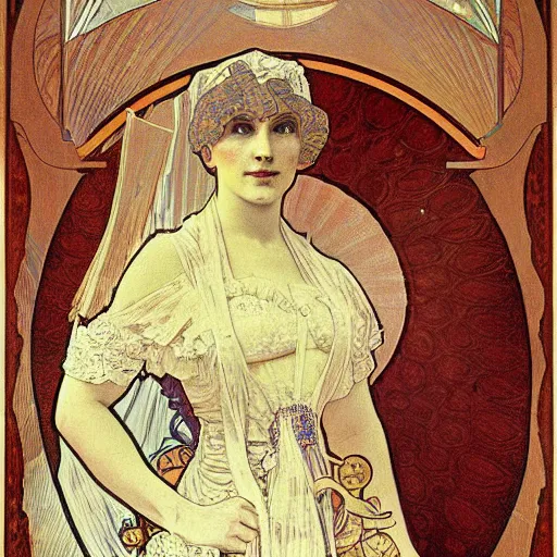 Image similar to feminine portrait of benjamin netanyahu in pride parade, by alphonse mucha