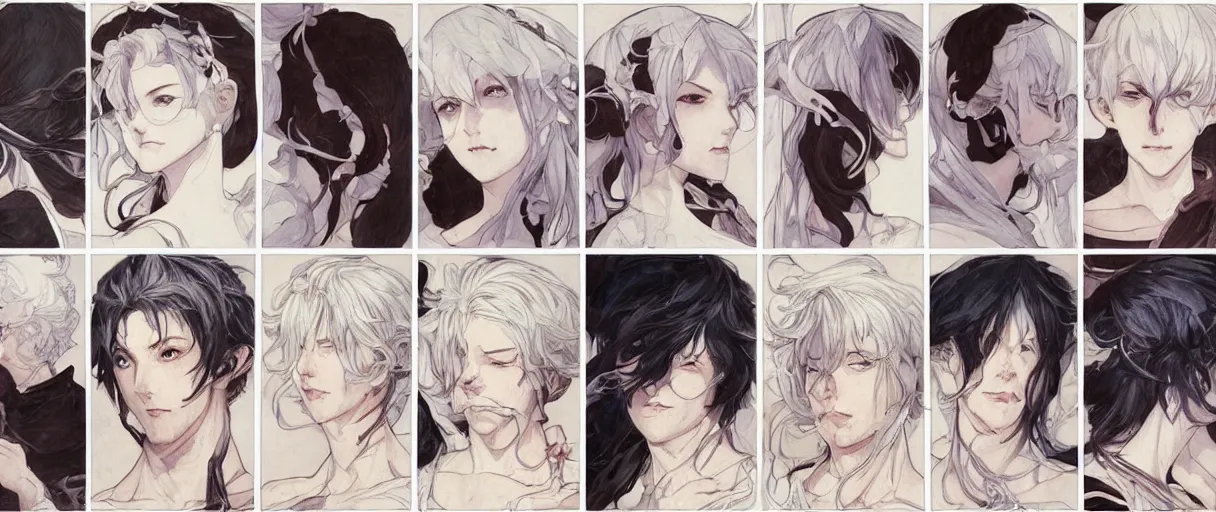 Image similar to character face study, multiple angles, directions and moods. faces only, girl with white hair, concept art finely detailed perfect art, painted by shigenori soejima, krenz cushart, alphonse mucha, takato yamamoto, conrad roset, pinterest, cevagraf comics
