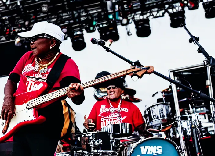 Prompt: photo still of aunt jemima at vans warped tour!!!!!!!! at age 6 0 years old 6 0 years of age!!!!!!! on stage slappin bass guitar, 8 k, 8 5 mm f 1. 8, studio lighting, rim light, right side key light