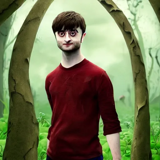 Image similar to hybrid of daniel radcliffe and a!! radish!!, film still,!! red skin!!,!! leaf ears!!, daniel radish, makeup, unreal engine 5, seeds, 8 k, trending on artstation