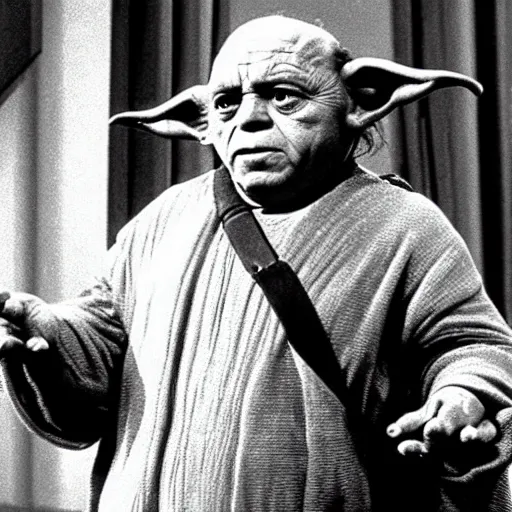 Image similar to danny devito plays yoda, scene from empire strikes back