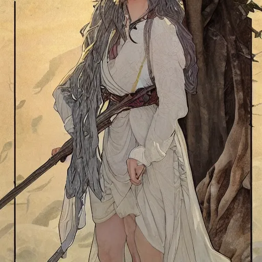 Image similar to detailed picture a woman with gray hear, using dead lion costume jacket, and holding long stick in the style of artgerm and greg rutkowski and alphonse mucha