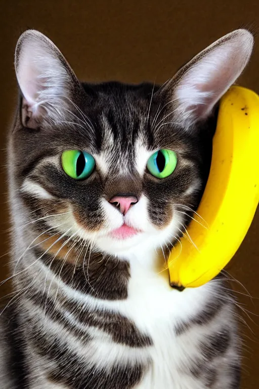 Prompt: realistic photo of an adorable cat wearing a banana hat, highly detailed,