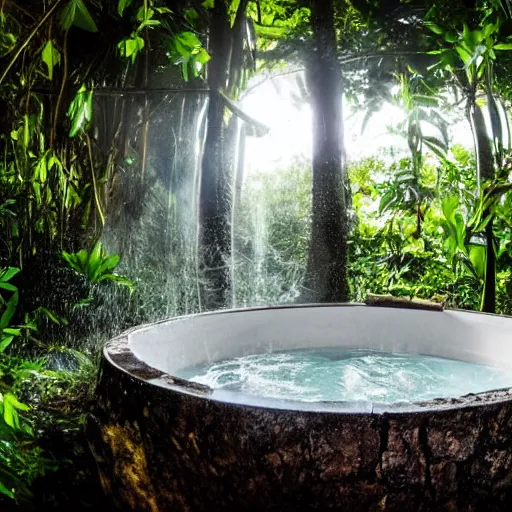 Image similar to pristine bath filled with bubbles in a clearfelled jungle, slash and burn