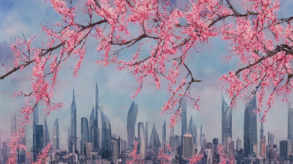 Image similar to a watercolor of Peach blossoms bloom along the Shanghai skyline, The soft pinks and greens of the flowers are offset by the blue of the sky and the gray of the cityscape, by Abbott Fuller Graves, Agnes Cecile, Alma Thomas, HD, Octane render 8K,