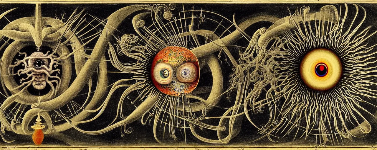 Image similar to a strange creature with endearing eyes radiates a unique canto'as above so below'while being ignited by the spirit of haeckel and robert fludd, breakthrough is iminent, glory be to the magic within, in honor of saturn, painted by ronny khalil