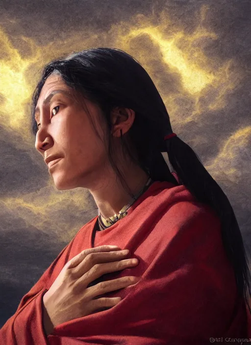 Prompt: incan female priest starring at the sky, with arms up, praying at the sky, realistic face, matte painting, fantasy art