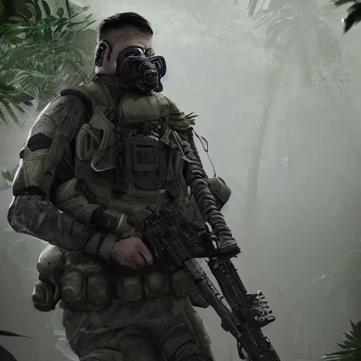 Image similar to Wounded Mercenary Special Forces soldier in light grey uniform with black armored vest and helmet crawling to cover in the jungles of Tanoa, combat photography by Feng Zhu, highly detailed, excellent composition, cinematic concept art, dramatic lighting, trending on ArtStation