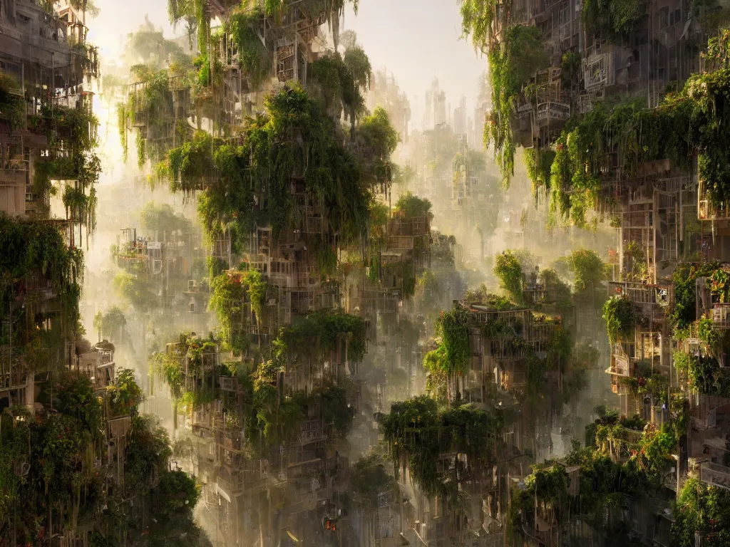 Image similar to the green city of babylon with its wonderful hanging gardens at dawn, intricate, elegant, volumetric lighting, digital painting, highly detailed, artstation, sharp focus, illustration, concept art, ruan jia, steve mccurry