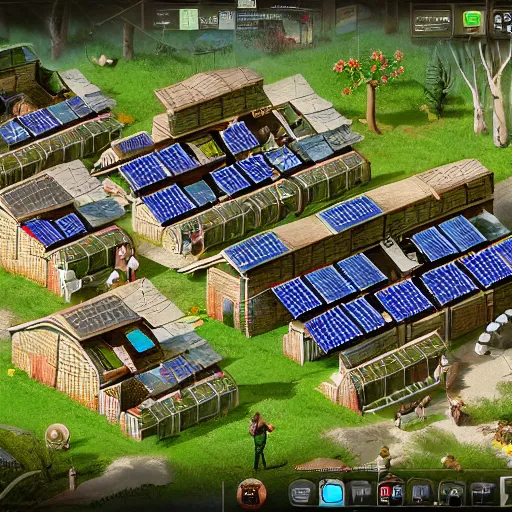 Prompt: Solarpunk style village with human living in harmony with plats and technology is a friendly companion