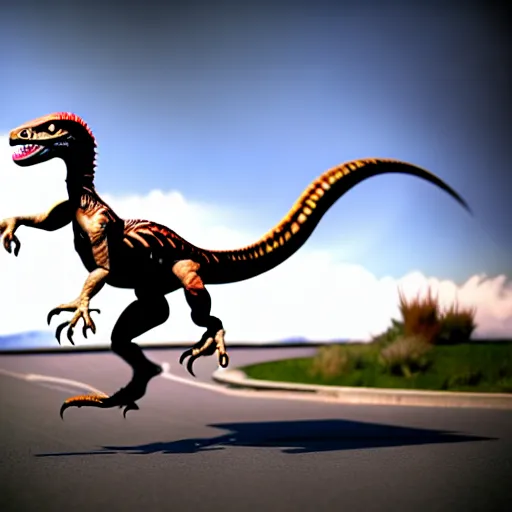 Image similar to a velociraptor riding a motorbike, photorealistic 3 d octane render, unreal engine
