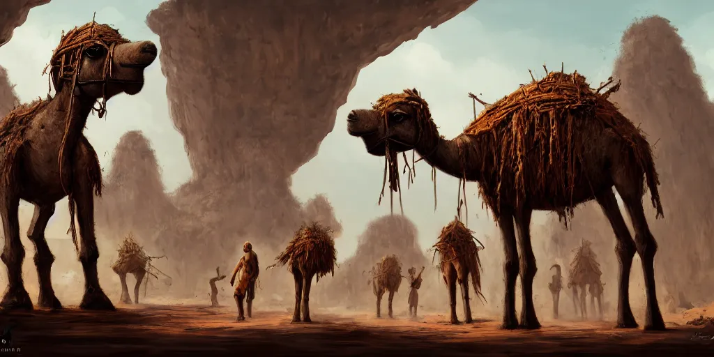 Image similar to bipedal humanoid dromedary as village merchants, temple city, caves of qud, matte oil painting, cathedral, retrofuturistic, concept art, science fantasy, post - apocalyptic, mutant, rpg, epic, rust, salt, plants, dungeons & dragons, toxic, sharp focus, award - winning, extremely detailed, 4 k, 8 k
