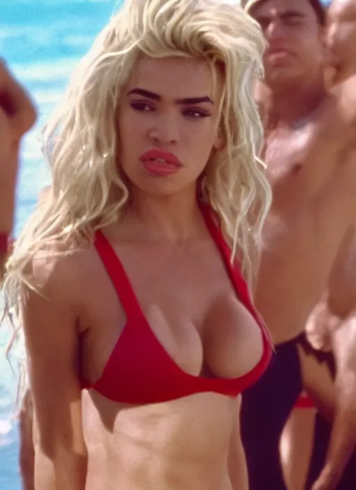 Image similar to a film still of dua lipa as pamela anderson in baywatch. cinematic.