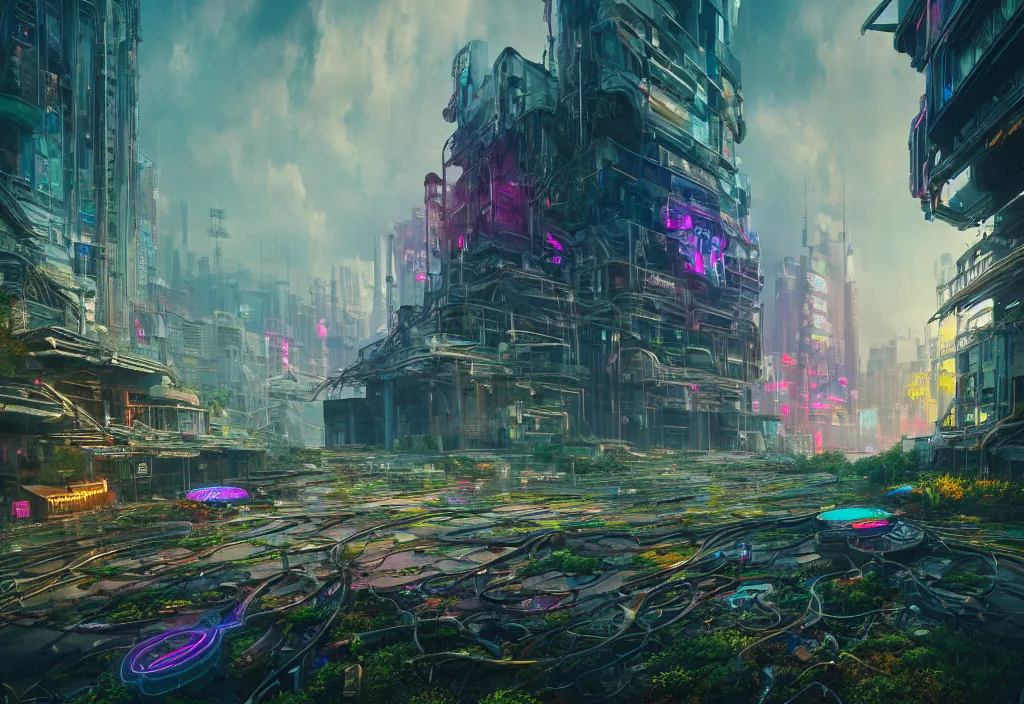 Image similar to A highly detailed crisp unreal engine render of A beautiful futuristic cyberpunk cybertech abandoned building with neon like plants, perfect well made rainbow on the sky, sunlight breaking through clouds, debris on the ground, abandoned machines by wangchen-cg, 王琛,Neil blevins, artstation