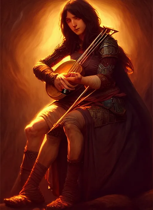 Prompt: bard playing lute, full body, hyper realistic, extremely detailed, dnd character art portrait, dark fantasy art, intricate fantasy painting, dramatic lighting, vivid colors, deviantart, artstation, by clyde caldwell and krenz cushart and artem demura and john williams waterhouse