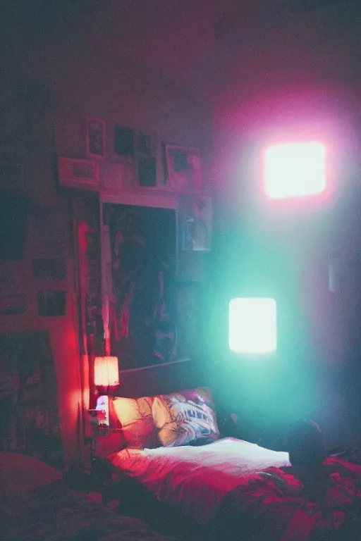 Image similar to agfa vista 4 0 0 photograph of a cluttered 9 0 s teenagers goth punk rock bedroom, synth vibe, vaporwave colors, lens flare, moody lighting, moody vibe, telephoto, 9 0 s vibe, blurry background, grain, tranquil, calm, faded!,