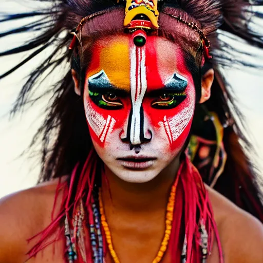 Image similar to portrait of a stunningly beautiful asian tribal female, minimal red facepaint over the eyes in a stripe, depth of field, zeiss lens, detailed, symmetrical, centered, fashion photoshoot, by Annie Leibovitz and Steve McCurry, David Lazar, Jimmy Nelsson, Breathtaking, 8k resolution, extremely detailed, beautiful, establishing shot, artistic, hyperrealistic, beautiful face, octane render