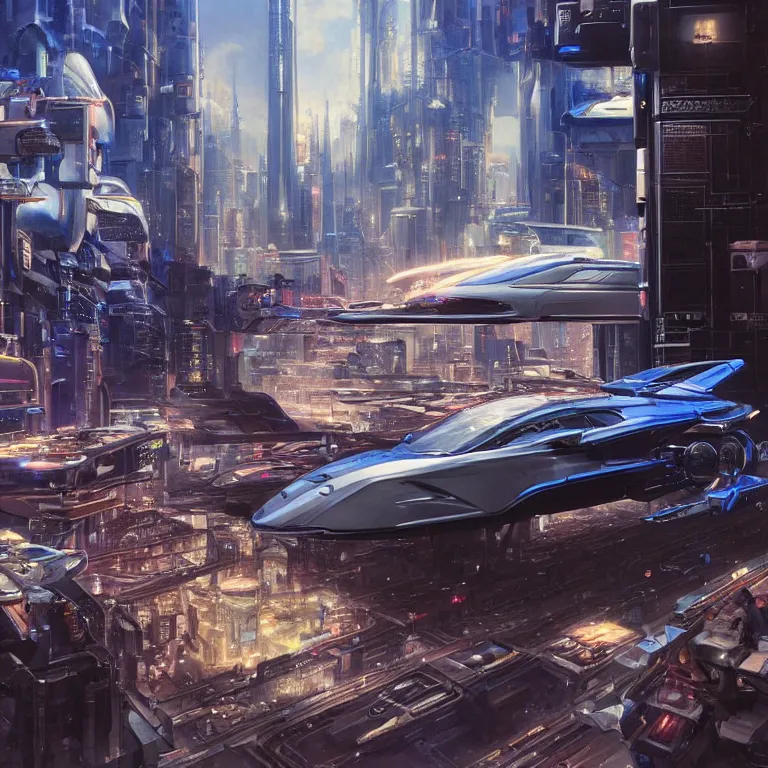 Prompt: hyperrealistic painting of a slice of life from a futuristic city, mechanical designs, futuristic vehicles, robotics, technological, cinematic, cyberpunk style, highly detailed, realism, matte painting, 8 k resolution, concept art, by noriyoshi ohrai, george luks, james gurney