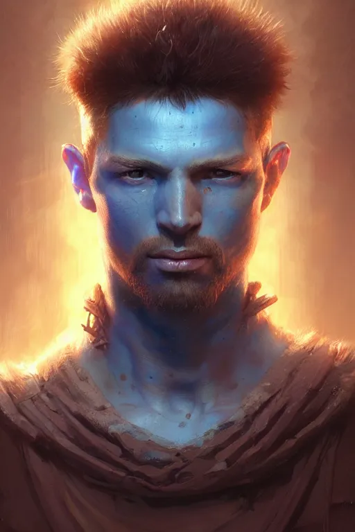 Prompt: a game art portrait of a handsome young male warrior, blue eyes by Marc Simonetti, Greg Rutkowski and Wayne Barlowe, hyperrealism, very detailed, Vray, Rembrandt lighting, artstation, Deviantart, fantasy art, rpg portrait