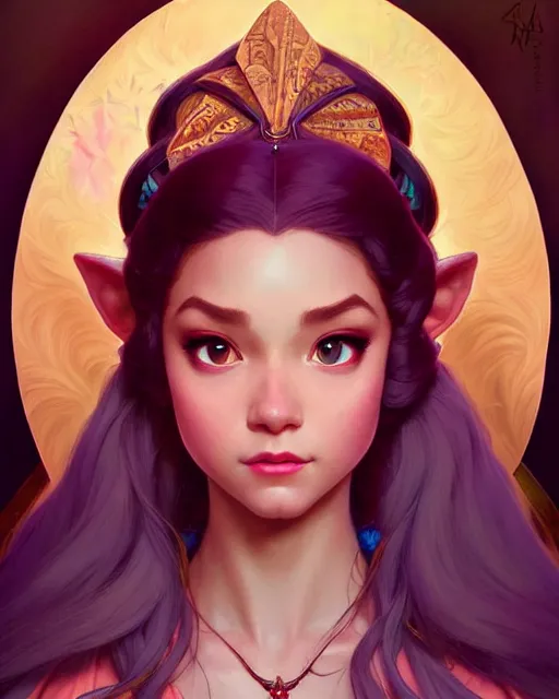 Image similar to portrait of disney zelda, intricate, elegant, highly detailed, my rendition, digital painting, artstation, concept art, smooth, sharp focus, illustration, art by artgerm and greg rutkowski and alphonse mucha and uang guangjian and gil elvgren and sachin teng and wlop, symmetry!!