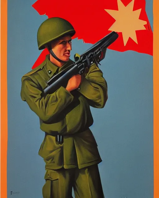 Image similar to soviet propaganda poster of an australian shepherd soldier, soviet art