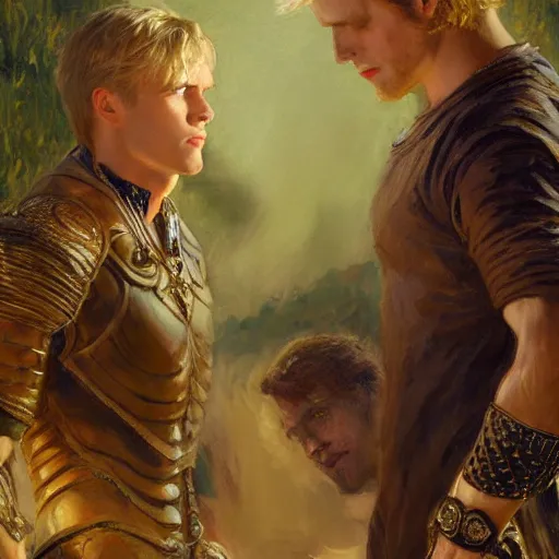 Image similar to attractive male, arthur pendragon who has blond hair confesses his love to attractive male, merlin who has dark hair. highly detailed painting by gaston bussiere, craig mullins, j. c. leyendecker 8 k