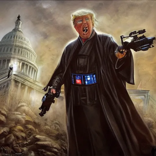 Image similar to Donald Trump as a jedi hero, capitol hill, post-apocalyptic, cinematic, atmospheric, highly detailed, Emanuel Leutze, Carl Wahlbom