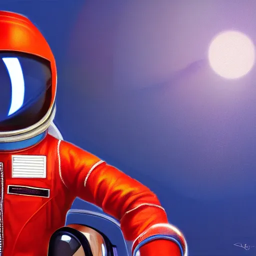 Prompt: a red suit astronaut high detail, with a light blue visor, 4 k, digital painting, trending on artstation