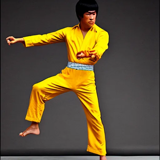 Image similar to a kick by Bruce Lee wearing a yellow jumpsuit by Gian Galang