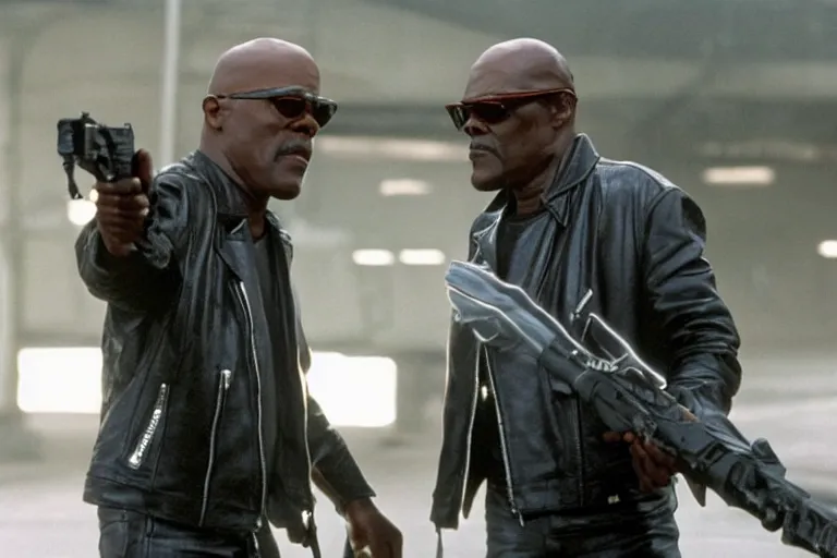 Image similar to Samuel L. Jackson plays Terminator wearing leather jacket and his endoskeleton is visible, action scene from the film