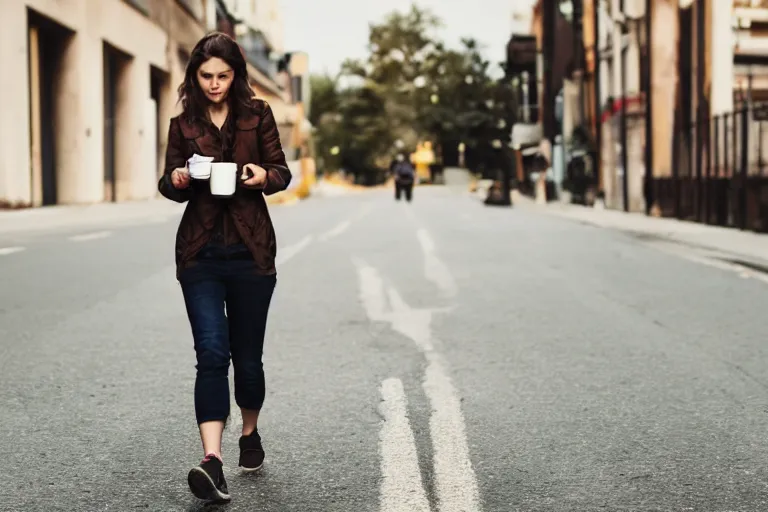 Image similar to Flim still of a woman drinking coffee, walking to work, long shot, wide shot, full shot