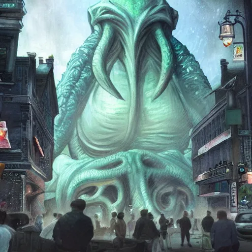 Image similar to high quality concept art of many huge statues of cthulhu in downtown, crowded people, dark fantasy, highly detailed, cinematic lighting