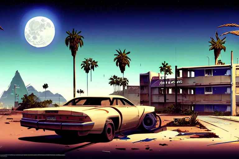 Image similar to broken robot | abandoned motel | palm trees | snowy mountains | moon in sky, painting by syd mead and weta studio and greg rutkowski and james jean and frank frazetta, gta san - andreas game screenshot, highly detailed, rule of third, soft lighting, architectural magazine, insanely intricate details, artstation trending, hypermaximalistic, high details, cinematic