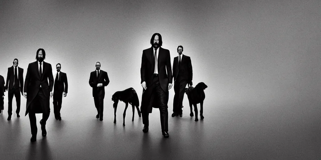 Prompt: John Wick, a black and white photo of a group, an album cover by David Gilmour Blythe, pinterest, bauhaus, tesseract, composition, national geographic photo, flemish baroque
