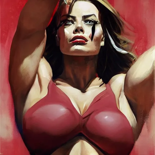 Image similar to greg manchess portrait of margot robbie as thick female bodybuilder lara croft wearing red dress, epic grimdark, fantasy, medium shot, asymmetrical, profile picture, organic painting, sunny day, matte painting, bold shapes, hard edges, street art, trending on artstation, by huang guangjian and gil elvgren and sachin teng