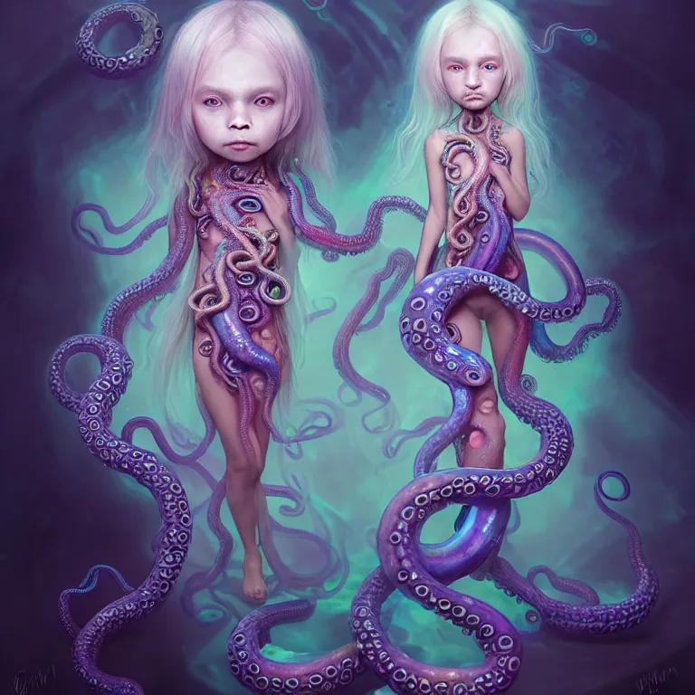 Image similar to A full shot of a cute magical monster Cryptid wearing a dress made of opals and tentacles. Chibi. Subsurface Scattering. Translucent Skin. Caustics. Prismatic light. defined facial features, symmetrical facial features. Opalescent surface. Soft Lighting. beautiful lighting. By Giger and Ruan Jia and Artgerm and WLOP and William-Adolphe Bouguereau and Loish and Lisa Frank. Sailor Moon. trending on artstation, featured on pixiv, award winning, sharp, details, intricate details, realistic, Hyper-detailed, HD, HDR, 4K, 8K.