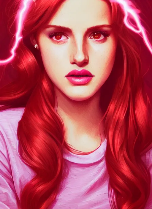 Image similar to full body portrait of teenage cheryl blossom, bangs, green eyes, sultry expression, red hair, sultry smirk, bangs and wavy hair, pink shirt, intricate, elegant, glowing lights, highly detailed, digital painting, artstation, concept art, smooth, sharp focus, illustration, art by wlop, mars ravelo and greg rutkowski