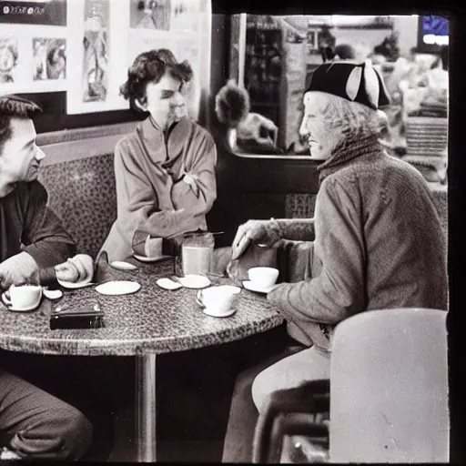 Image similar to kodachrome photo of a man and his wife talking about cats at a budy coffe shop, strong reds and greens color photo