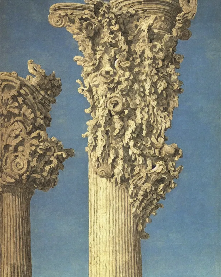 Prompt: achingly beautiful painting of intricate ancient roman corinthian capital on a baby blue background by rene magritte, monet, and turner. giovanni battista piranesi.