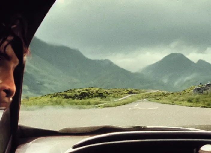 Image similar to A very high resolution image from a new movie, landscape from a car window , mountains, raining, hot, directed by wes anderson