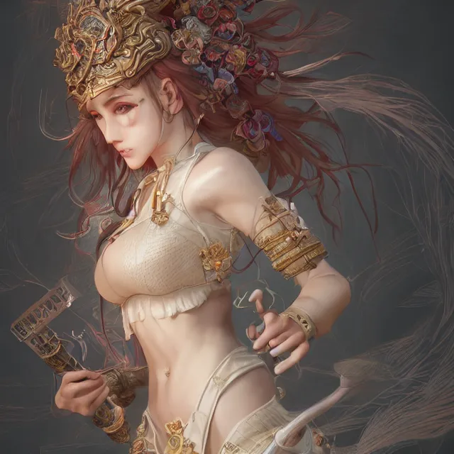 Image similar to studio portrait of neutral good colorful female cleric bard healer as absurdly beautiful, elegant, young skinny gravure idol, ultrafine hyperdetailed face illustration by kim jung gi, irakli nadar, intricate linework, sharp deep focus, bright colors, octopath traveler, final fantasy, unreal engine highly rendered, global illumination, radiant light, detailed and intricate environment