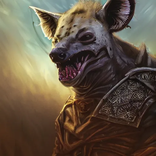 Image similar to Hyena, Anthropomorphized, as warlord general on skull throne, magic the gathering artwork, D&D, fantasy, cinematic lighting, centered, symmetrical, highly detailed, digital painting, artstation, concept art, smooth, sharp focus, illustration, volumetric lighting, epic Composition, 8k, art by Akihiko Yoshida and Greg Rutkowski and Craig Mullins, heroic pose, oil painting, cgsociety, Battlefield background, explosions, arrows