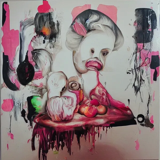 Prompt: “ a portrait in a female art student ’ s apartment, sensual, a pig theme, pork, half - finished sculpture, sculpture work in progress, a candle dripping white wax, clay, squashed berries, berry juice drips, acrylic and spray paint and oilstick on canvas, surrealism, neoexpressionism ”